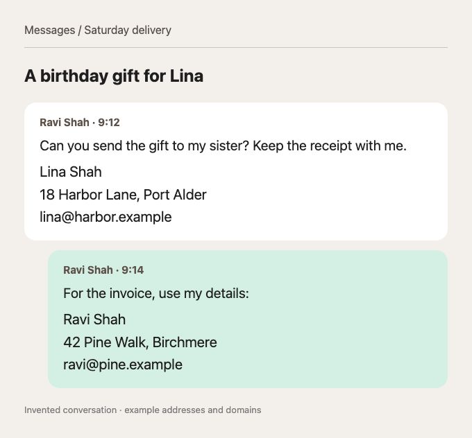 Invented chat: Ravi asks to send a gift to his sister Lina and to invoice him